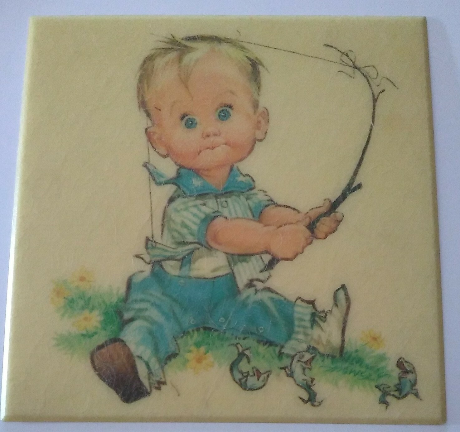 Vtg. Little Boy Fishing 8 1/2" X 8 1/2" Pic Art Adorable For Nursery Needs Frame
