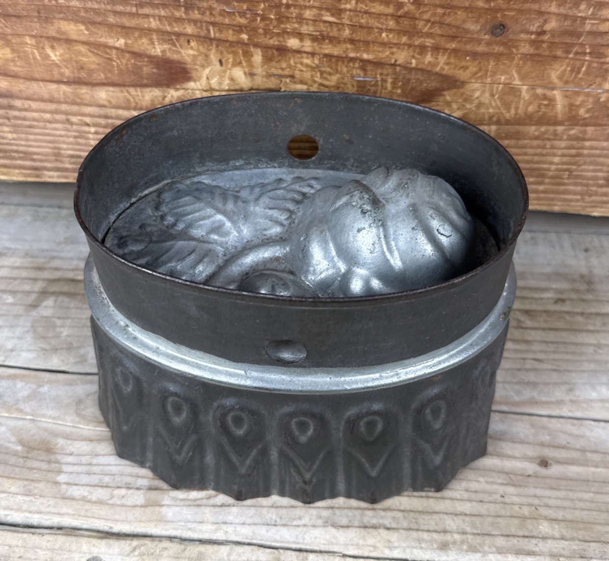 Antique Tin Food Mold Rose Leaf Pattern Pudding Cake Jello Dessert Nice Patina