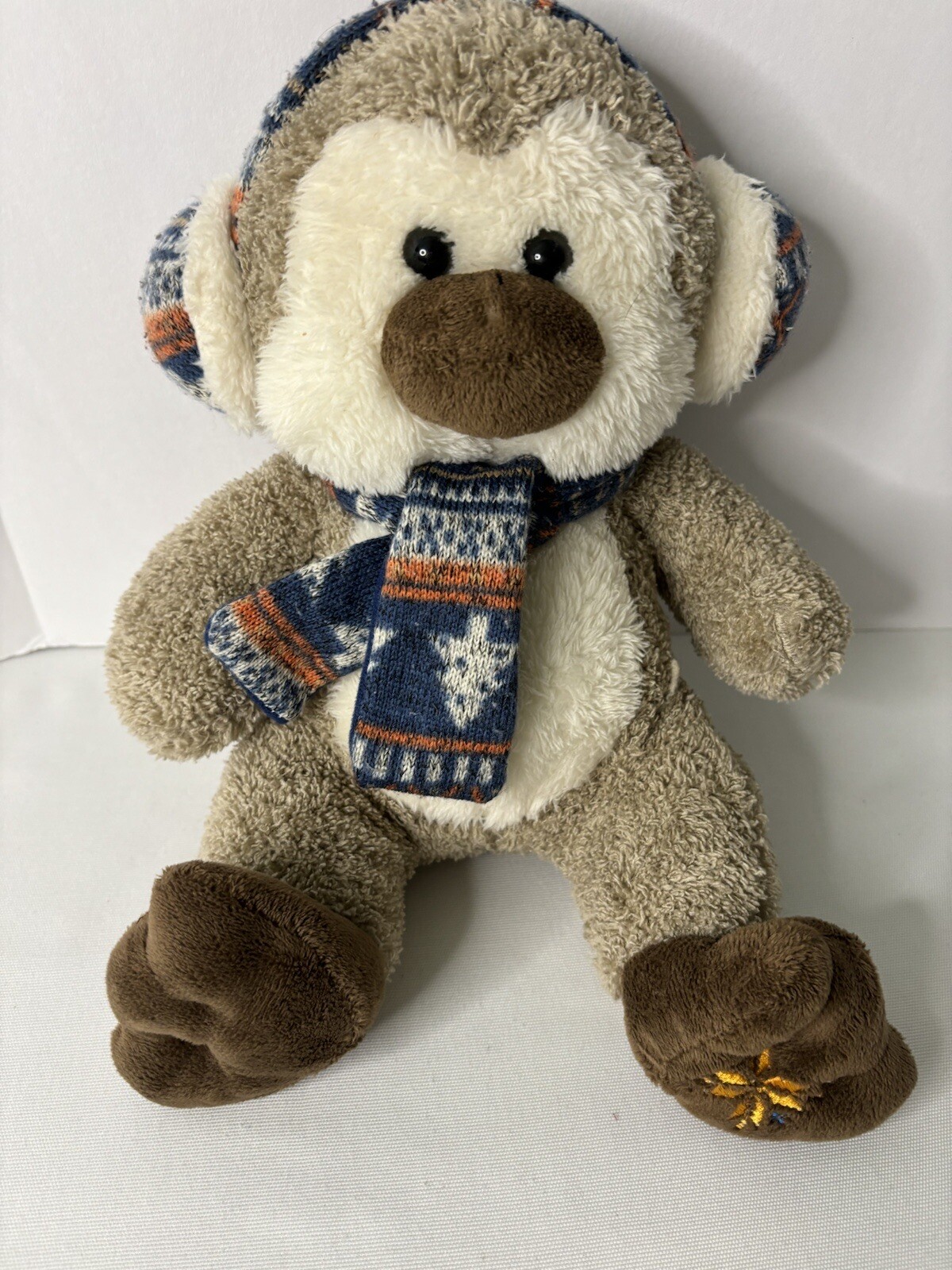 Kellytoy 12" Penguin Plush Stuffed Animal Rattle Earmuffs Scarf Tan Cream Soft