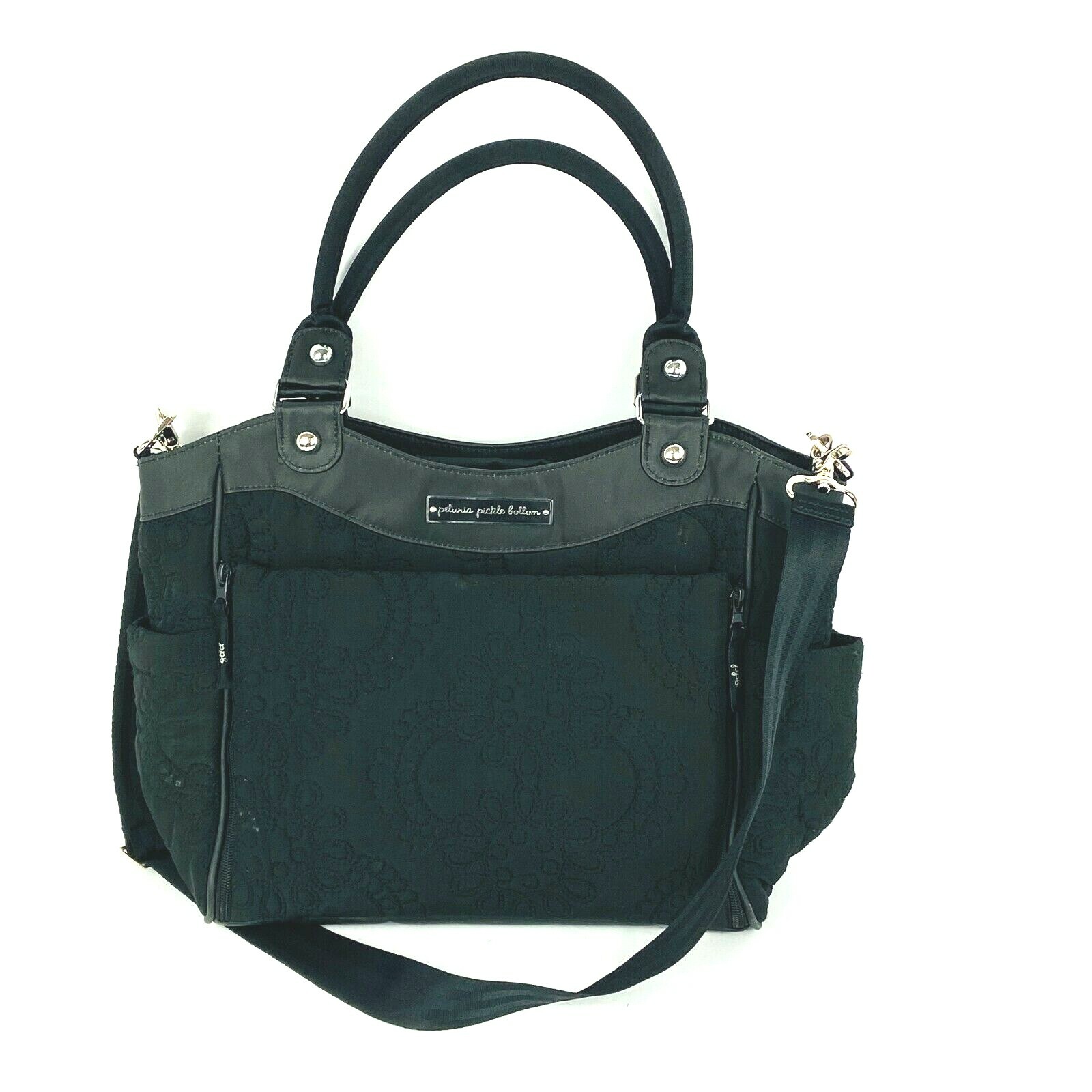 Petunia Pickle Bottom Diaper Bag Purse Black Quilted Embroidered Central Park