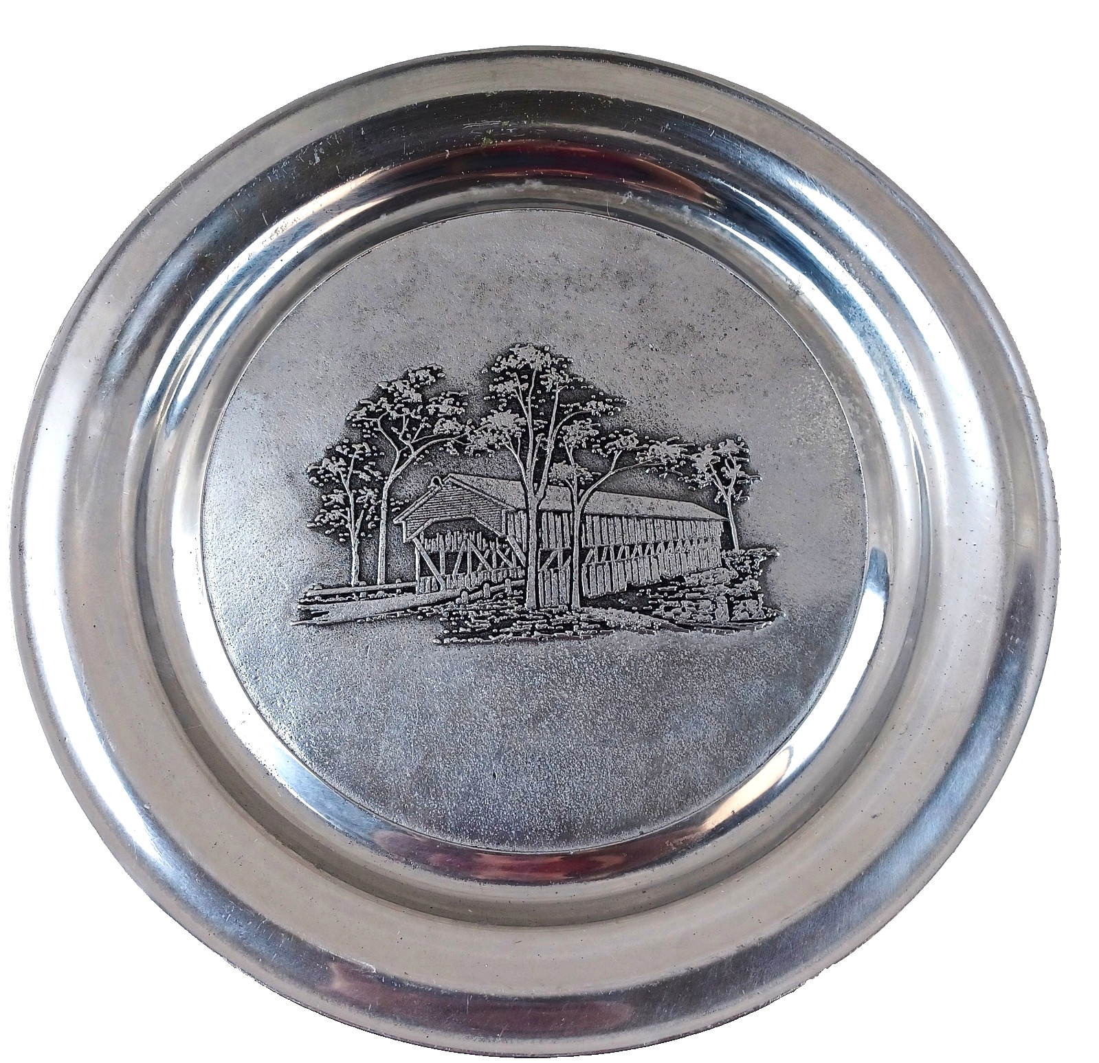 Vintage Wilton Armetale Pewter Wall Art Hanging Plate Covered Bridge USA