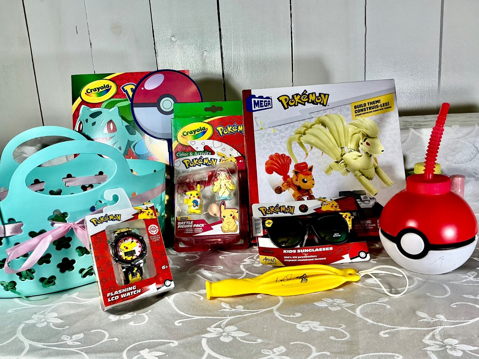 POKEMON EASTER/GIFT BASKET: SUNGLASSES, DRINKING CUP, MEGA BUILDING SET-MORE