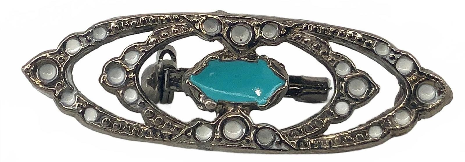 Vintage Enamel Art Nouveau Bar Brooch Silver Tone Blue White Small Pin Lapel