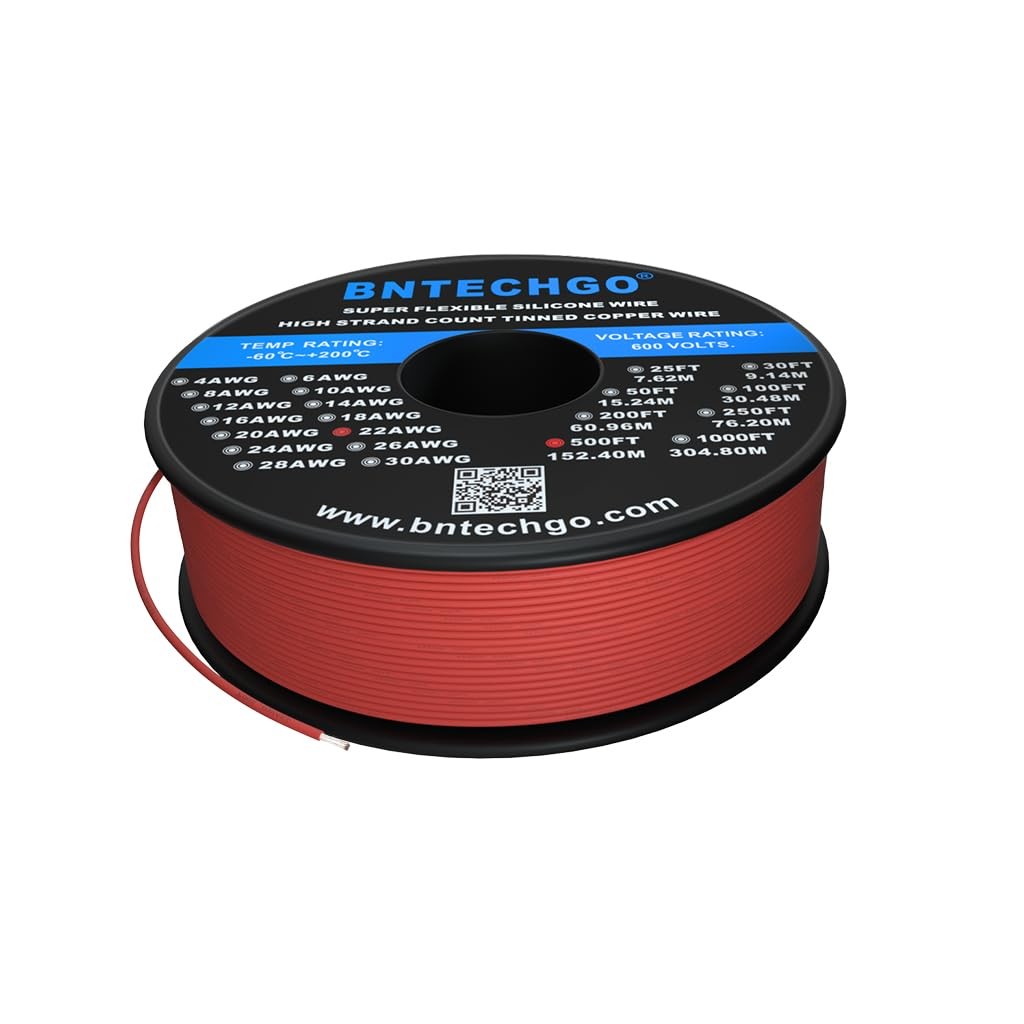 BNTECHGO 22 Gauge Silicone Wire Spool 500 ft Red Flexible 22 AWG Stranded Tinned