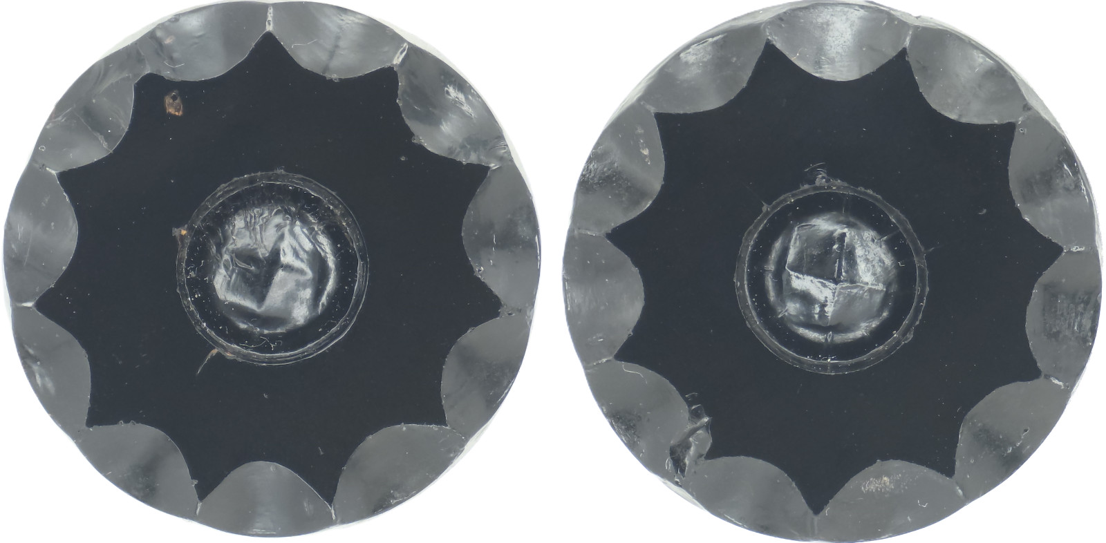 C1860s Antique Victorian Black Glass Starburst Button Set Scalloped Edge 1.06"