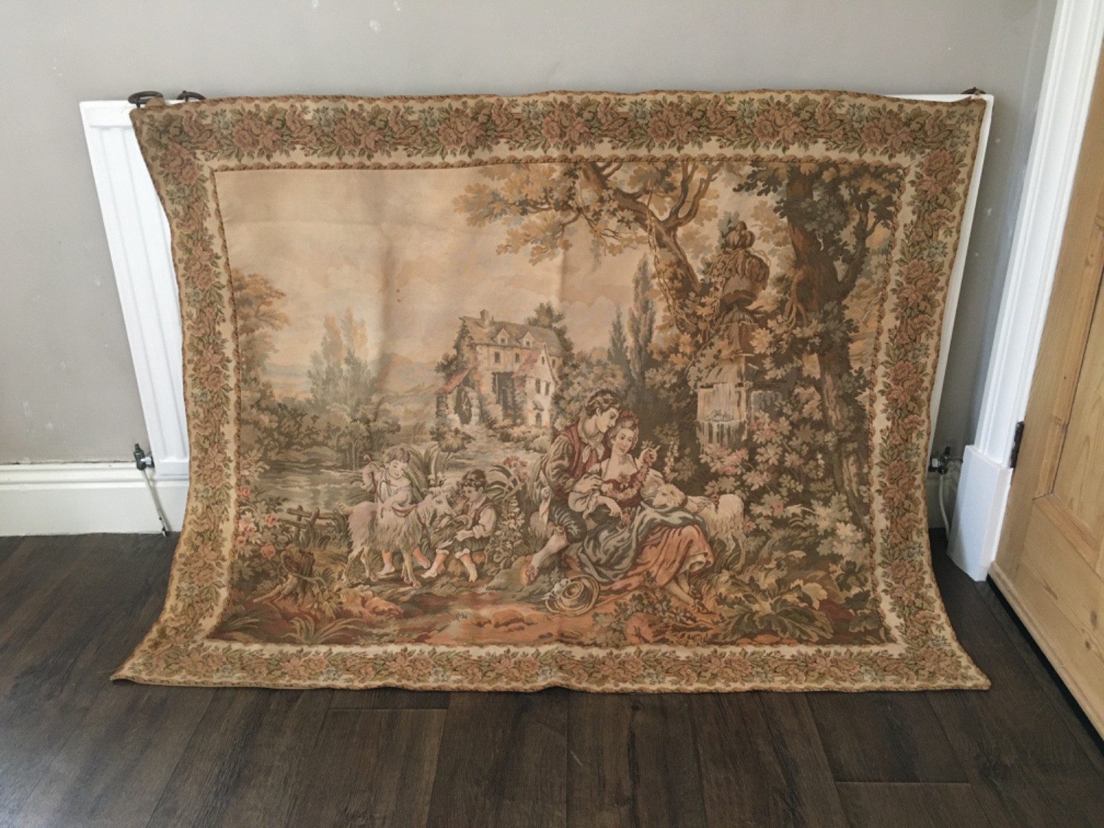 Large Antique Aubusson Tapestry Wall Hanging depicting Romantic Pastoral Scene
