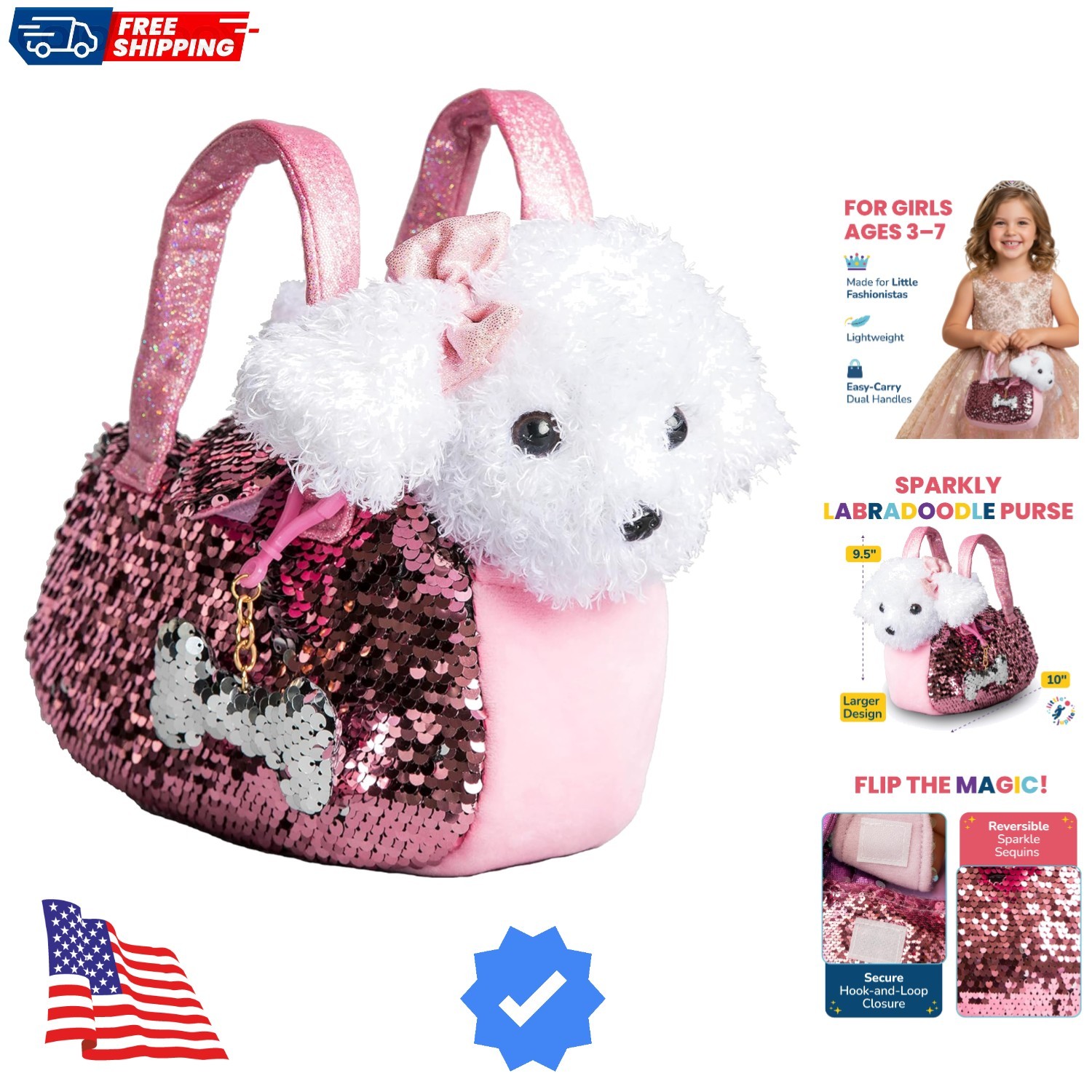 Pet Plush Set with Purse w/Reversible Sequins & Charm - Stuffed Animal Toy fo...