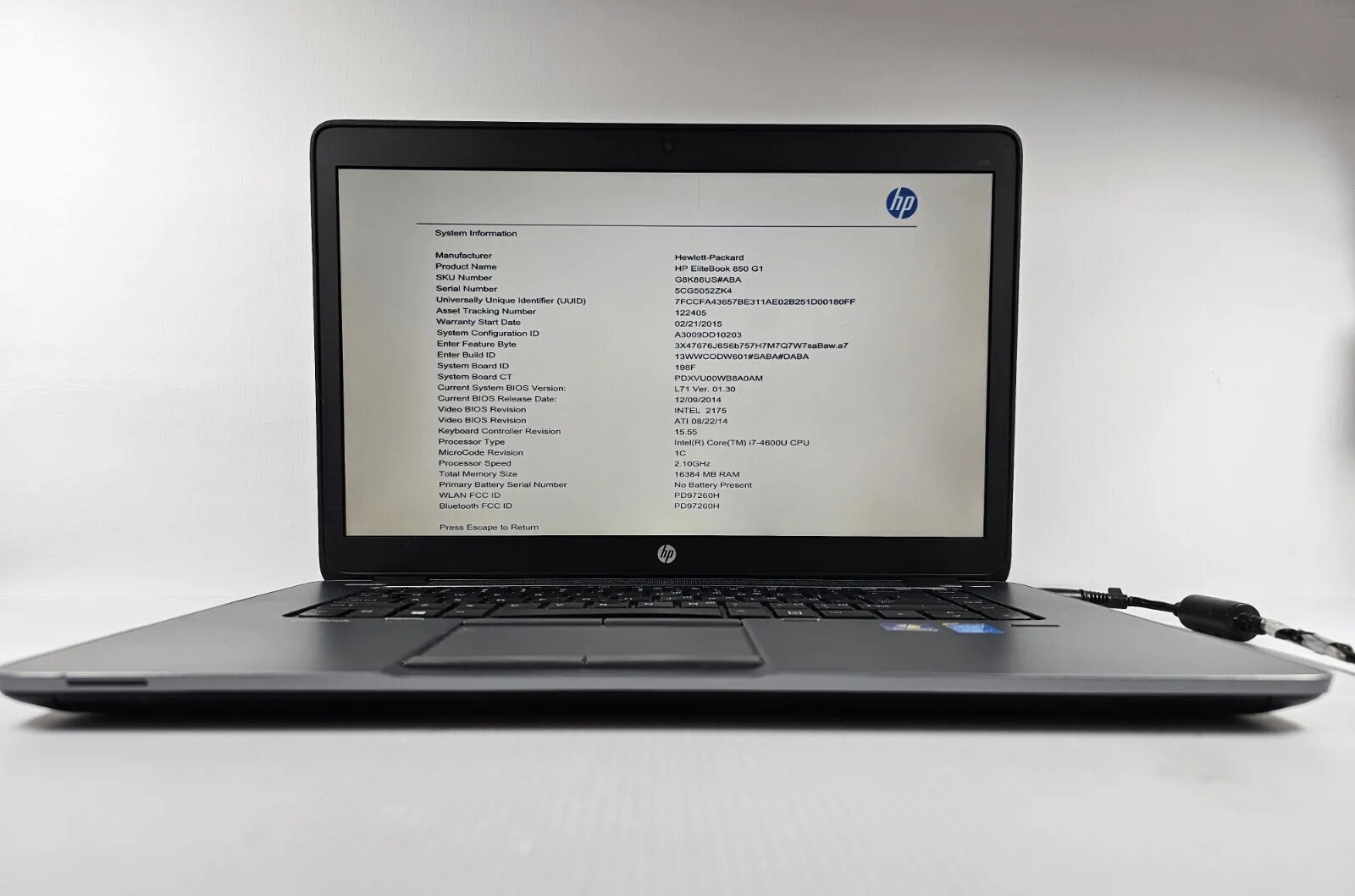 HP Elitebook 850 G1 14"W  Core i7 4600U 2.1GHz, 16GB RAM NO HDD/BATTERY 