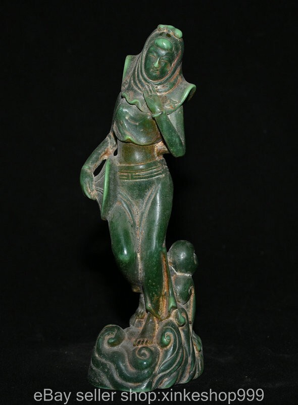8.2" Chinese Natural Green Jade Carving Kwan-yin Guan Yin Goddess Statue