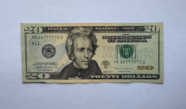 Binary, Five Of a kind Lucky Seven $20 Bill: 00-77777-0
