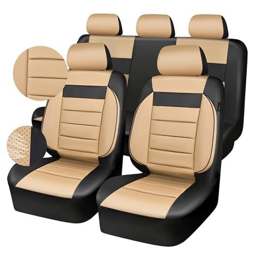  Leather Seat Covers Full Set Universal Water Resistant 3D Foam Black and Beige