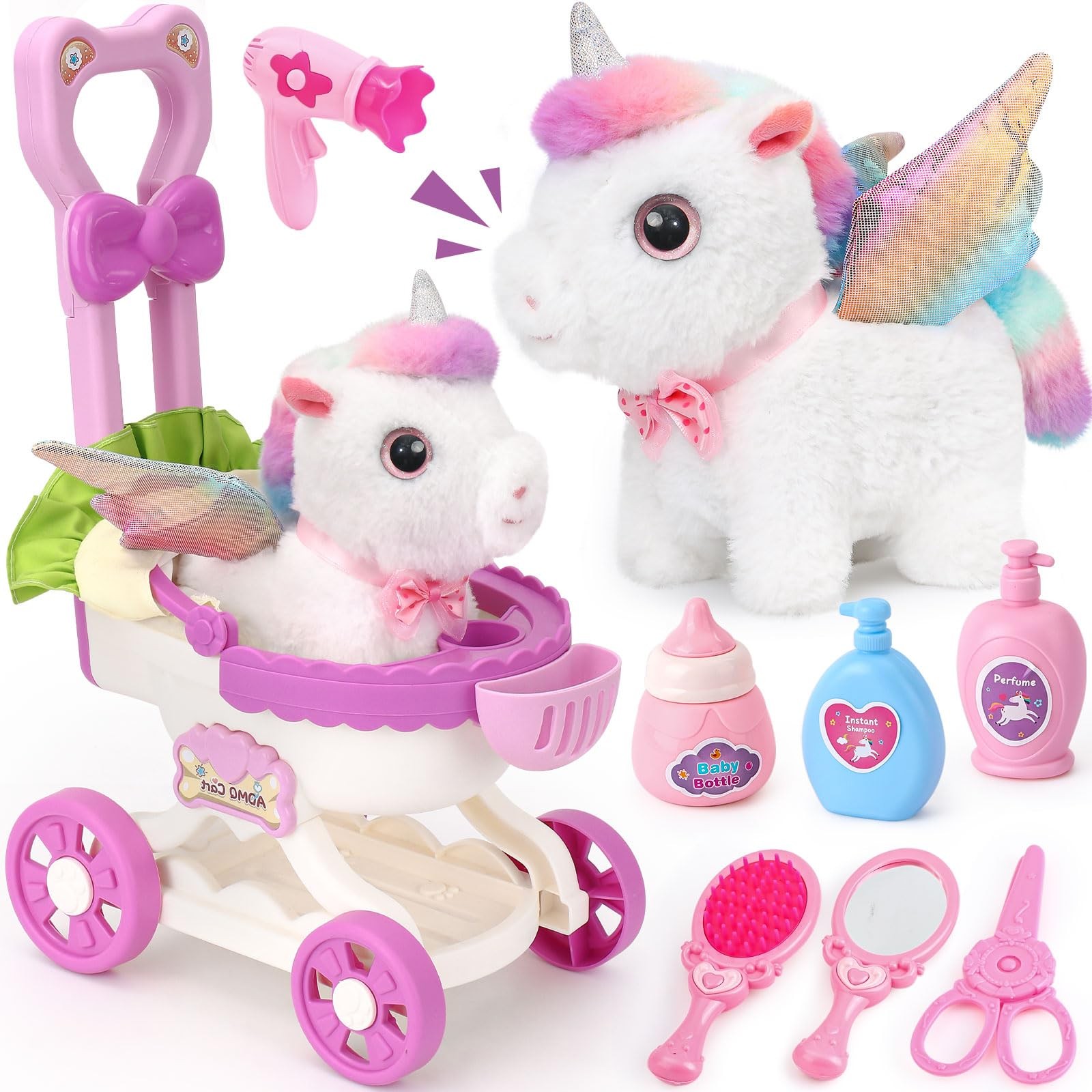 Girl Interactive Walking Unicorn Stroller Set with Plush Unicorn & Groom Care...