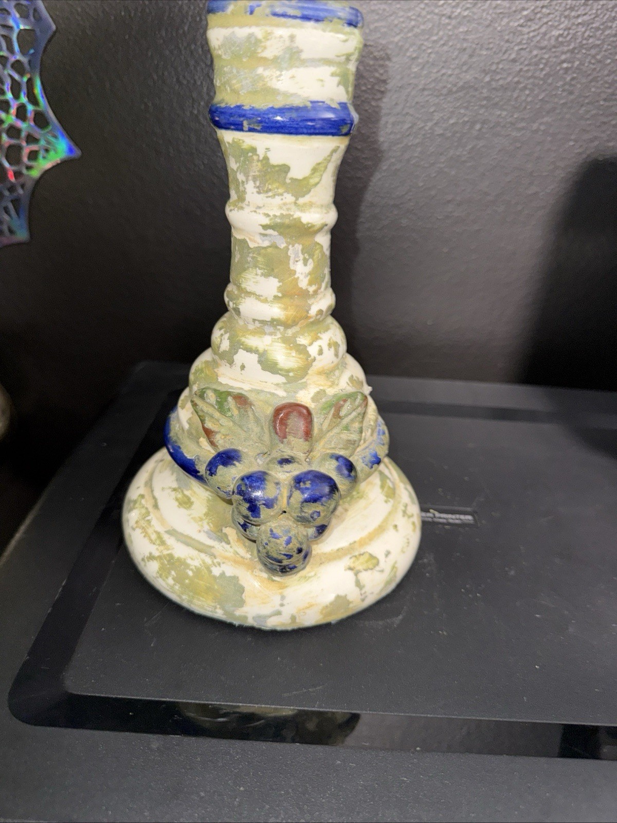 Italian Majolica Pottery Candlestick Candle Holder Hand Painted Signed, Vintage