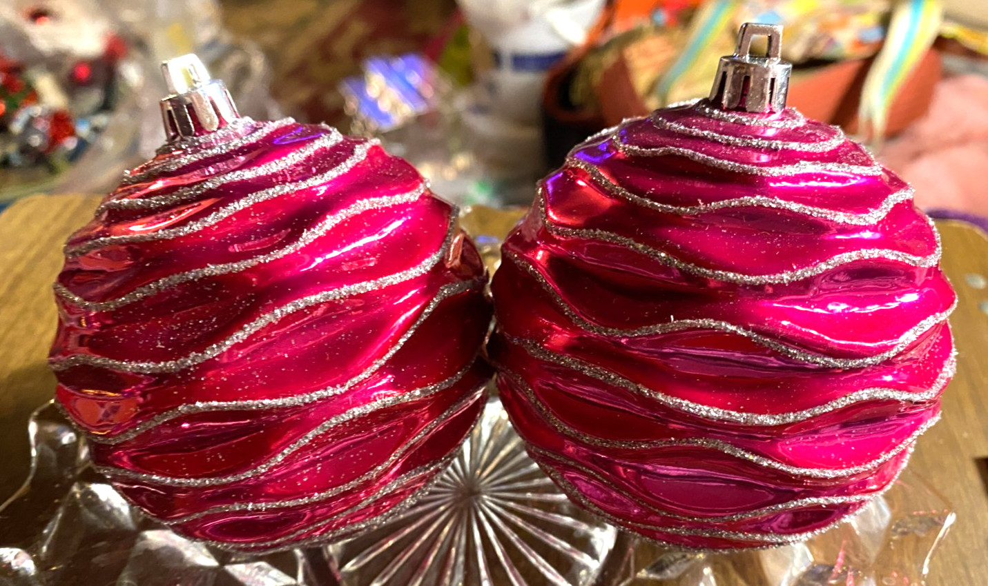 2 Pink Shatterproof Ribbed Christmas Ornaments 3"
