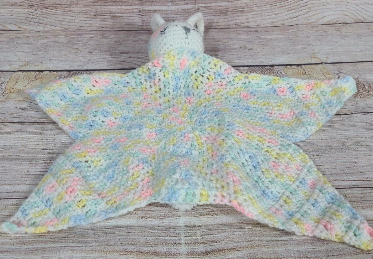 Handmade Knit Crochet Sleeping Bunny Baby Lovey Security Blanket White Pink Blue
