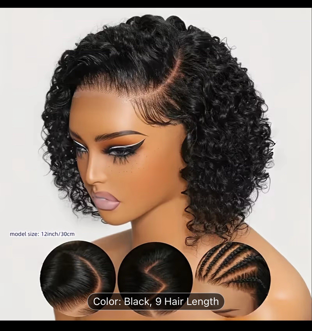 curly black lace front wig free-part women's wig 9 inch curly texture