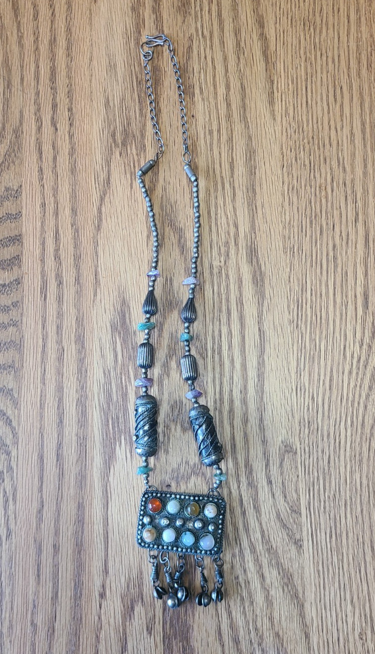 Vtg Tibetan Silver Toned Necklace w/ Natural Stones Artisan Handmade Boho Gypsy