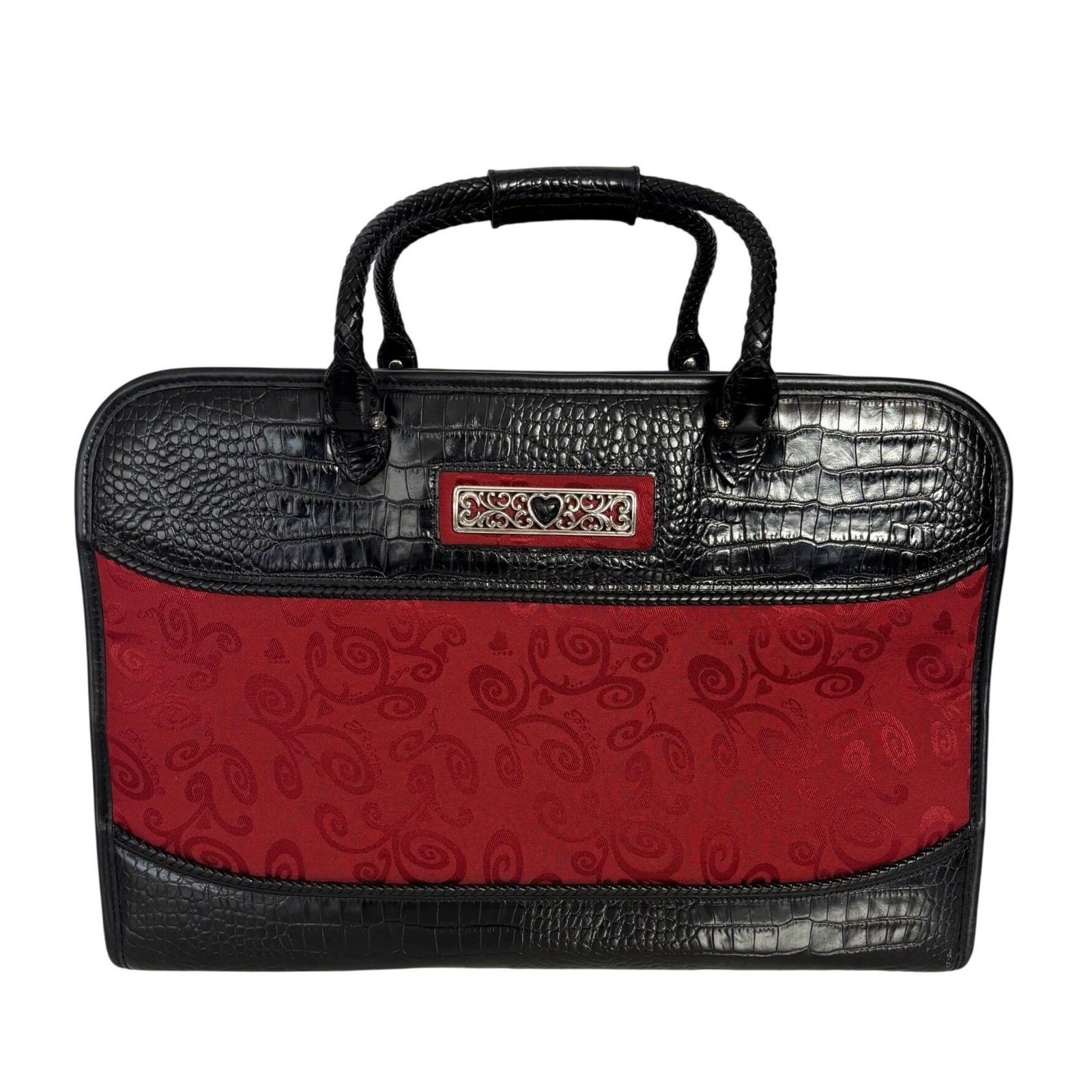 Brighton Red Swirl Jacquard Black Croc Leather Travel Tote Bag Weekender VTG