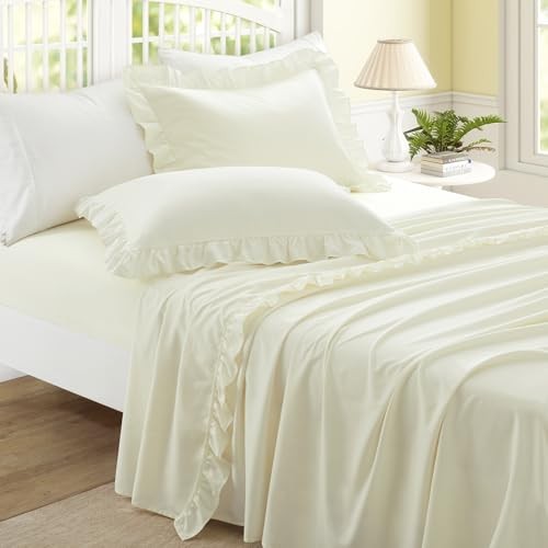 4 Pieces Ruffle Sheet Set Bed Sheets Size, Microfiber Coquette Queen Beige
