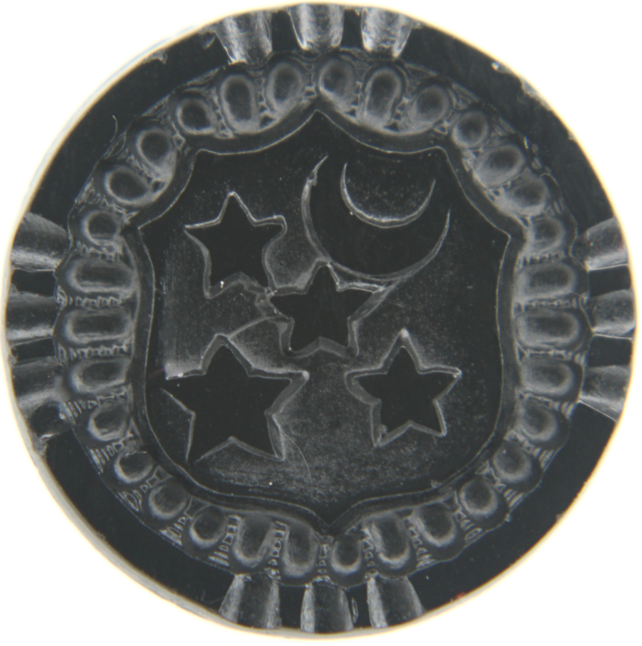 C1880 Antique Victorian Black Glass Button Heraldic Shield Stars Crescent Moon