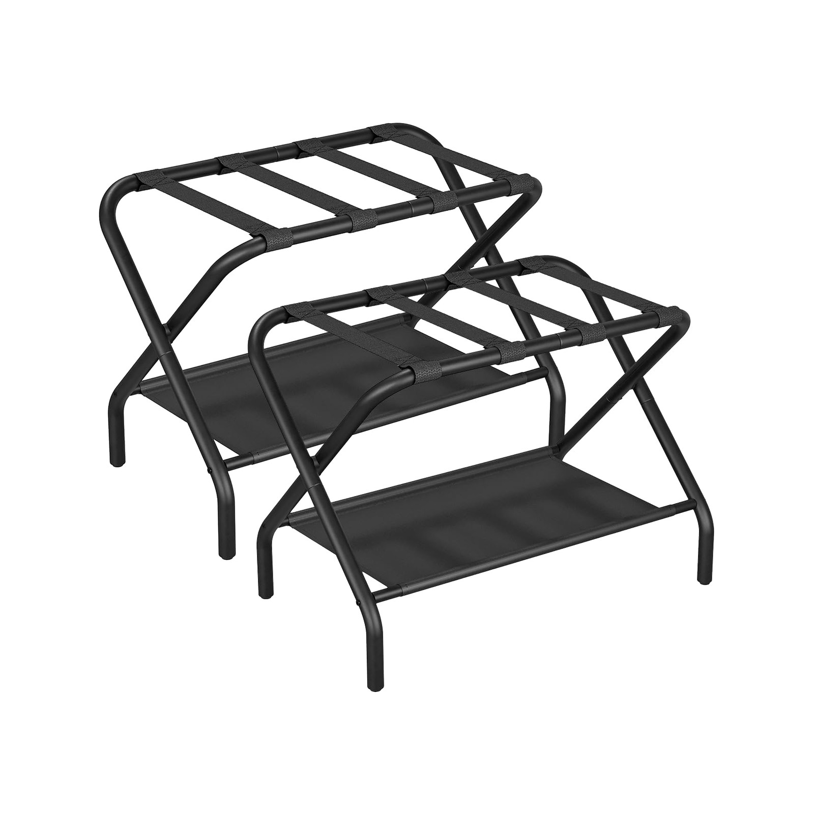 Black Luggage Rack Pack of 2, Foldable Suitcase Stand with Fabric Storage She...