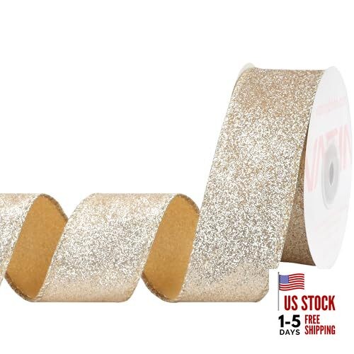  Glitter Wired Ribbon with Metallic Edge, 1-1/2" x 10 Yards Champagne Gold