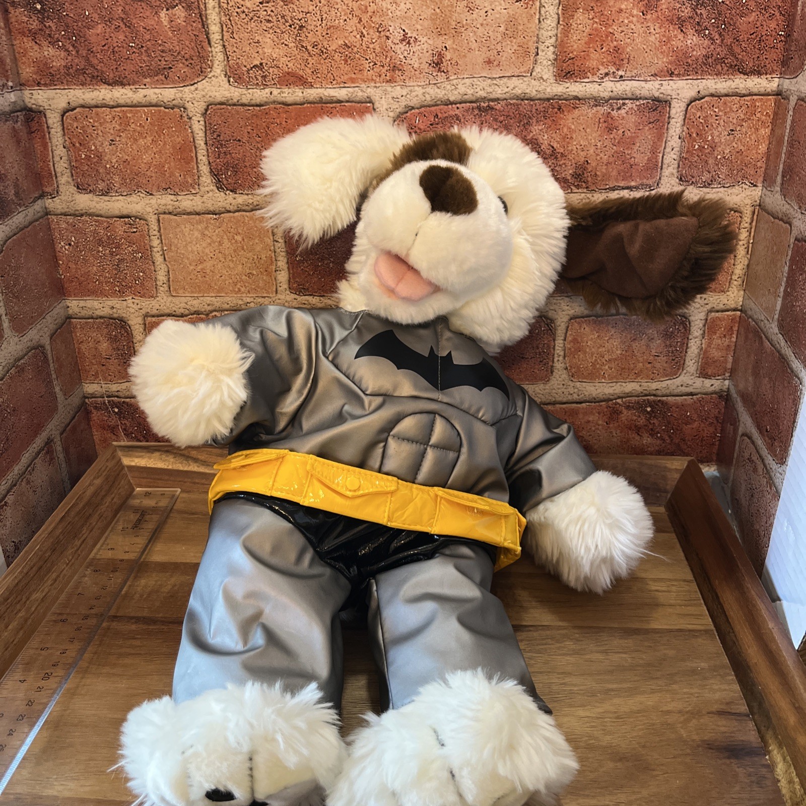 Build a Bear Plush Mom puppy dog brown white patch spot eye Batman suit no hood