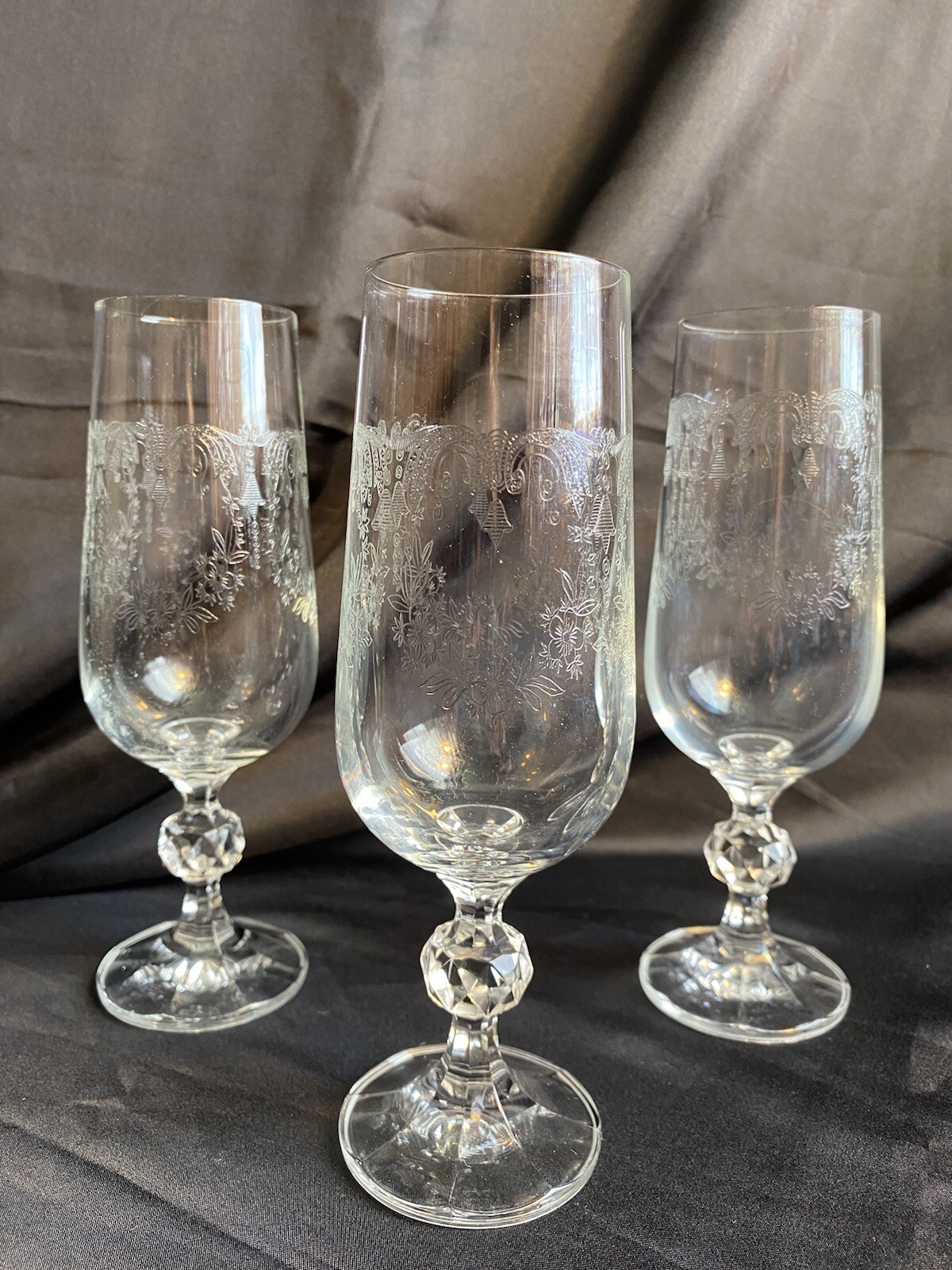 Vintage Bohemia CASCADE Etched Crystal Fluted Champagne Glasses Lot of 3