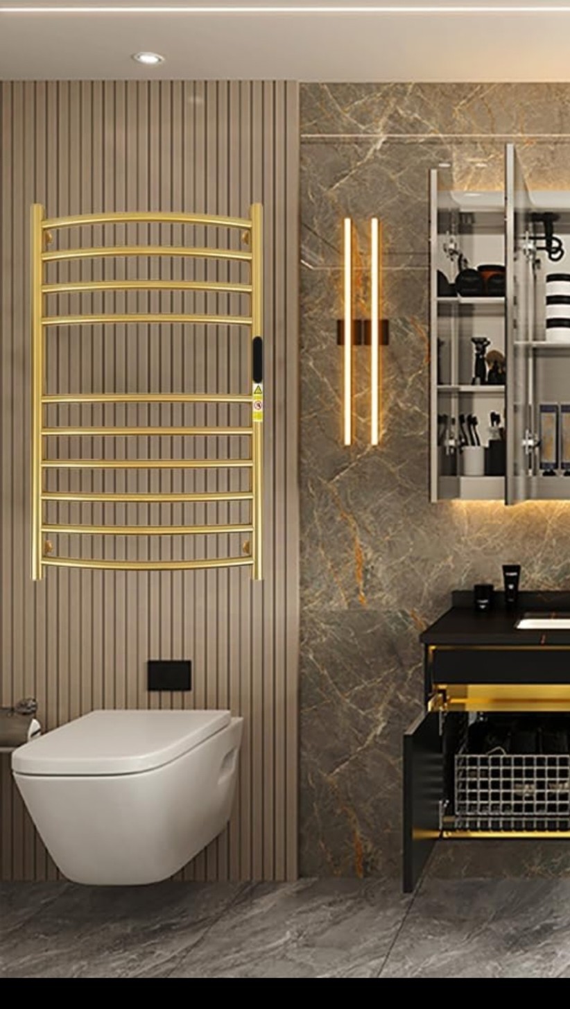 Gold Wall-Mounted Towel Warmer, LED Display, Timer, Temp Adjustable, 140W