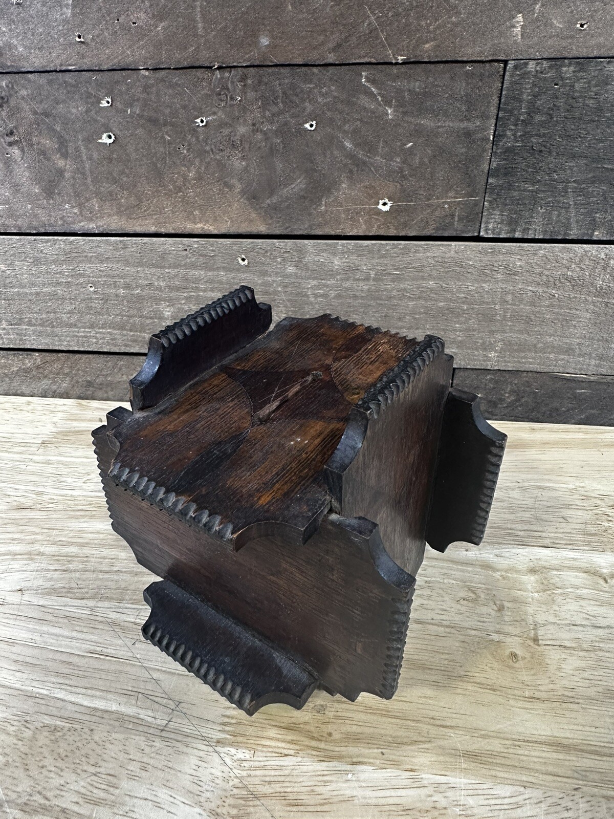 Antique Primitive Six-Plank Money Box Or Puzzle Tramp Art