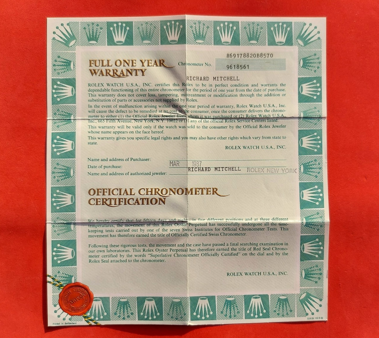 ROLEX 69178 Datejust Warranty Certificate Guarantee 1980s 9 Million Serial 1987