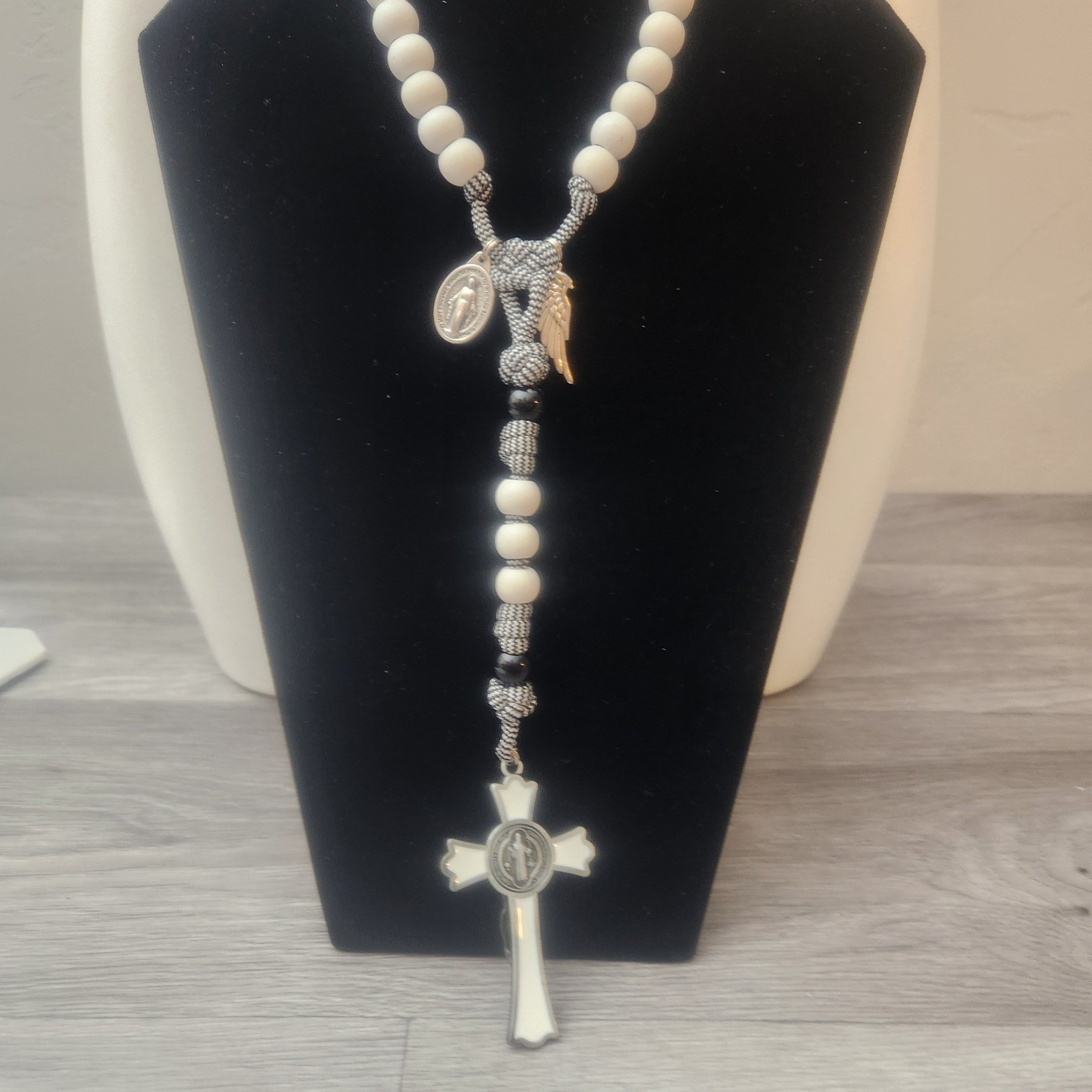 Rosary Necklace San Benito/Jesus Christ Crucifix White Beads Catholic Christian