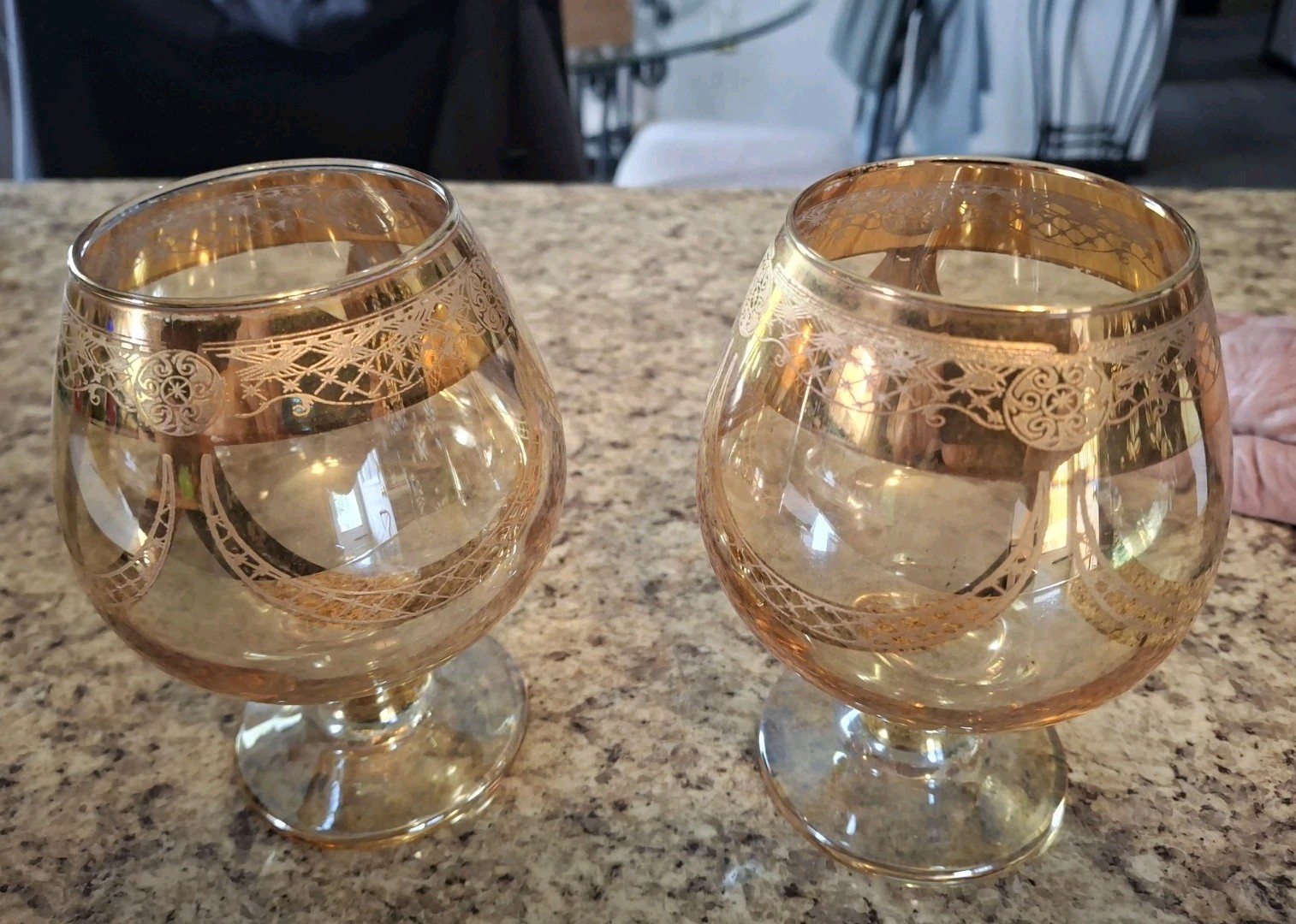 Lot of 2 Vintage Amber Gold Etched Draped Lattice Brandy Sniffer Goblet 5” Tall