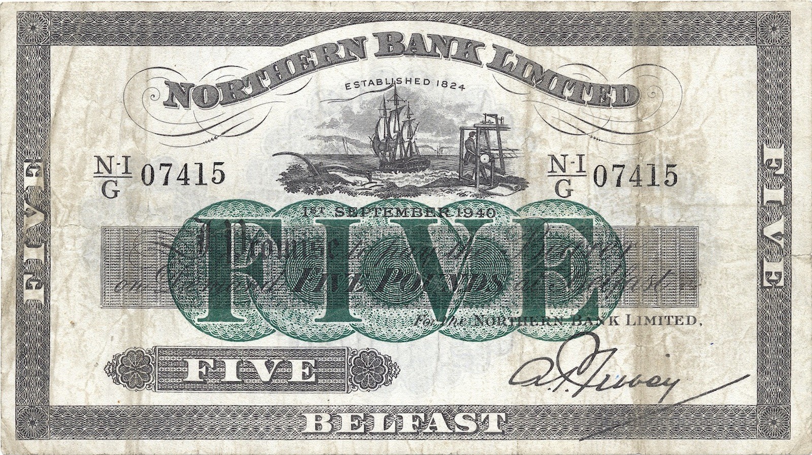 NORTHERN IRELAND (NORTHERN BANK LIMITED) banknote 5 Pounds 1940 VF Very Fine