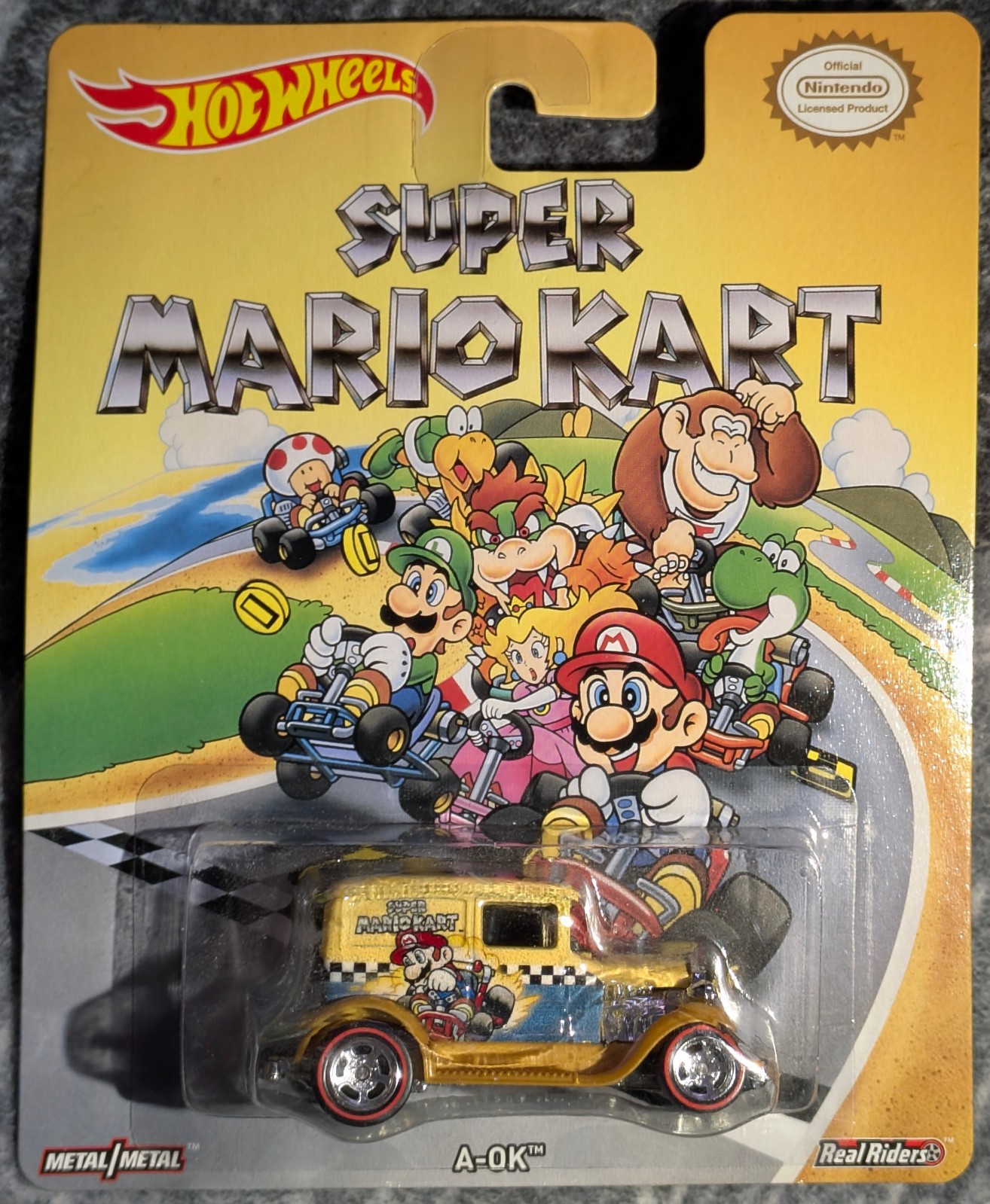 Nintendo Super Mario Kart A OK Hot Wheels Real Riders Diecast Car Gold