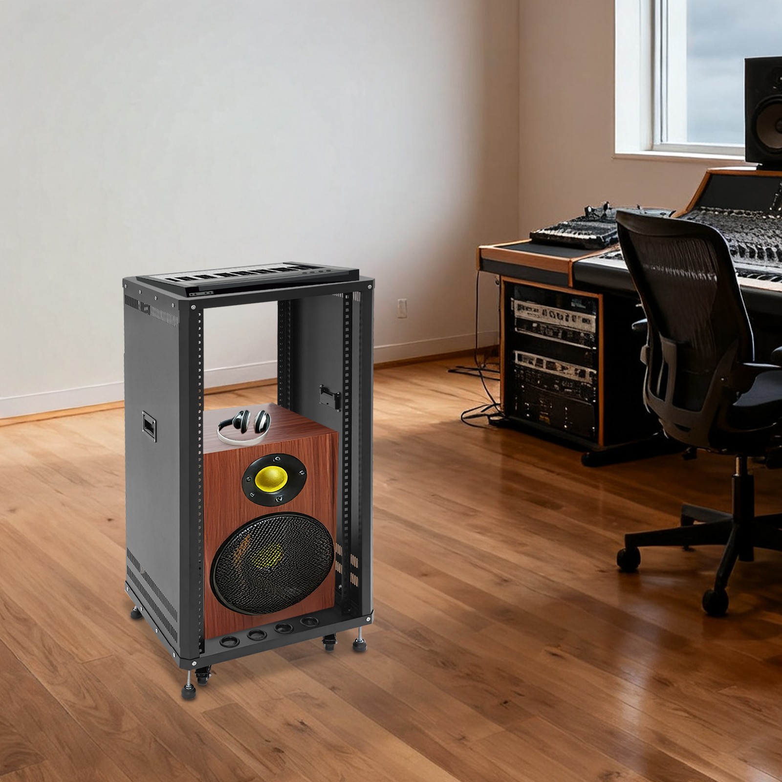 22U DJ Mixer Stand Rolling Stereo & Server Rack with Wheel Open Frame for Audio