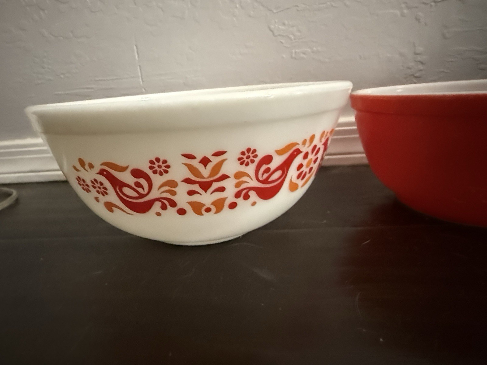 PYREX 402 Red & White Glass Mixing Bowls Birds Floral Pattern Nesting Round