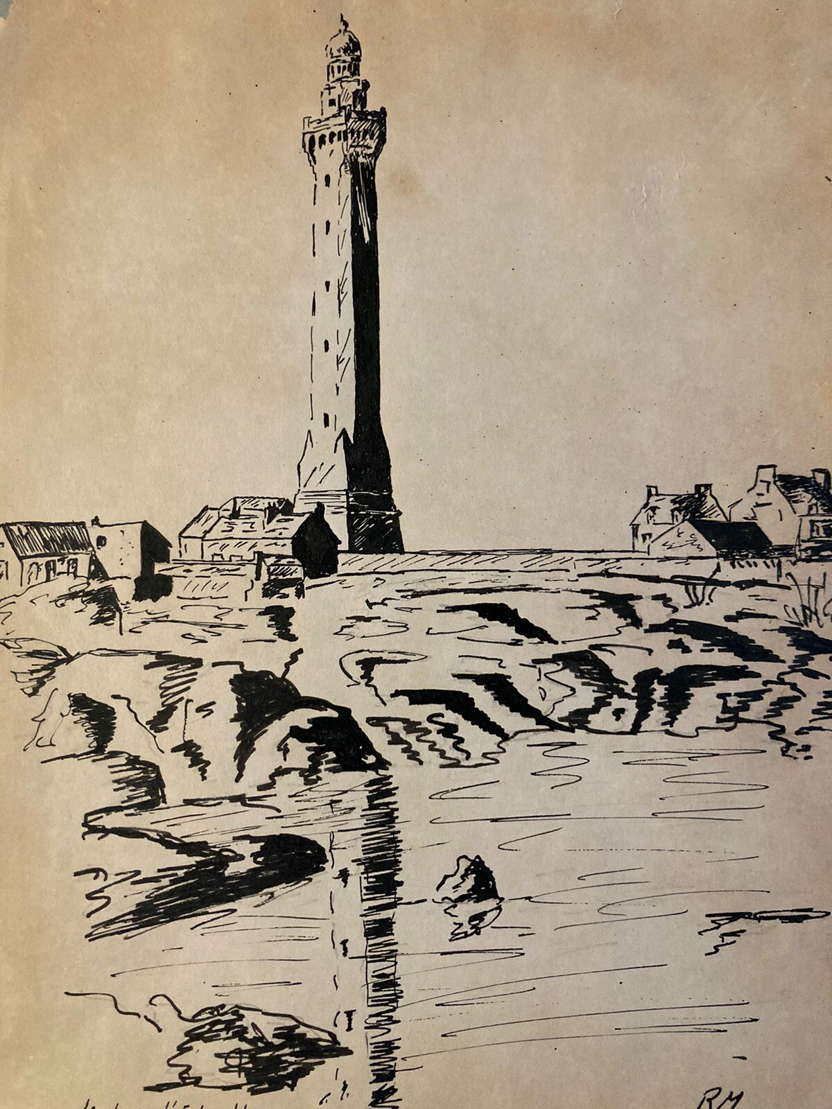 Beau Dessin Encre Phare d'Eckmühl Papier Art Finistère Bretagne Eckmuhl 1960