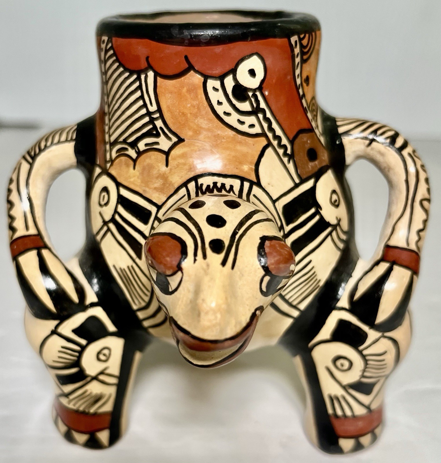 Mexican Folk Art Animal/Turtle Effigy Pottery Vase Tripod Footed Hand Painted
