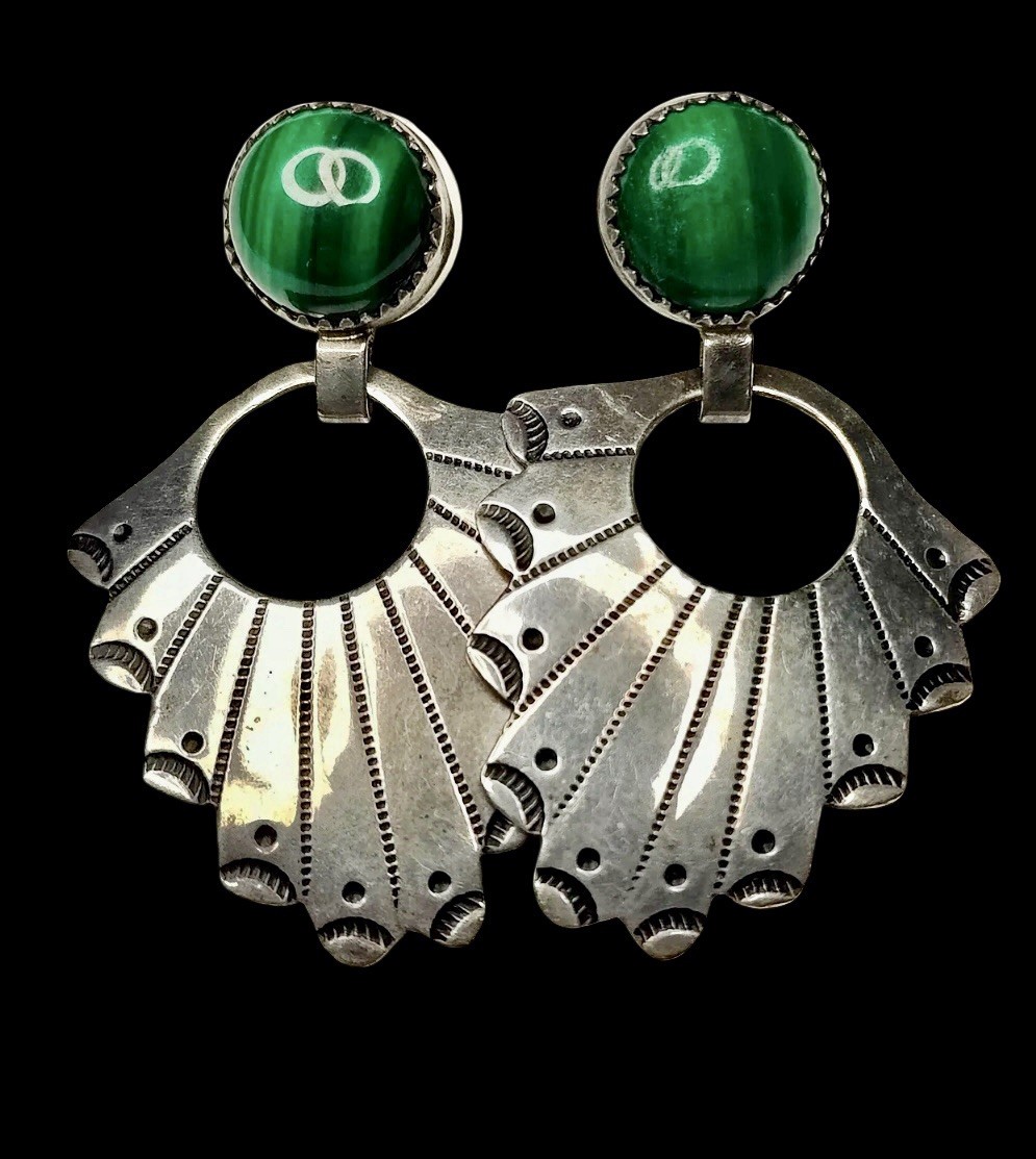 Vintage Navajo Sterling Silver 925 & Malachite Dangle Fan Design Earrings