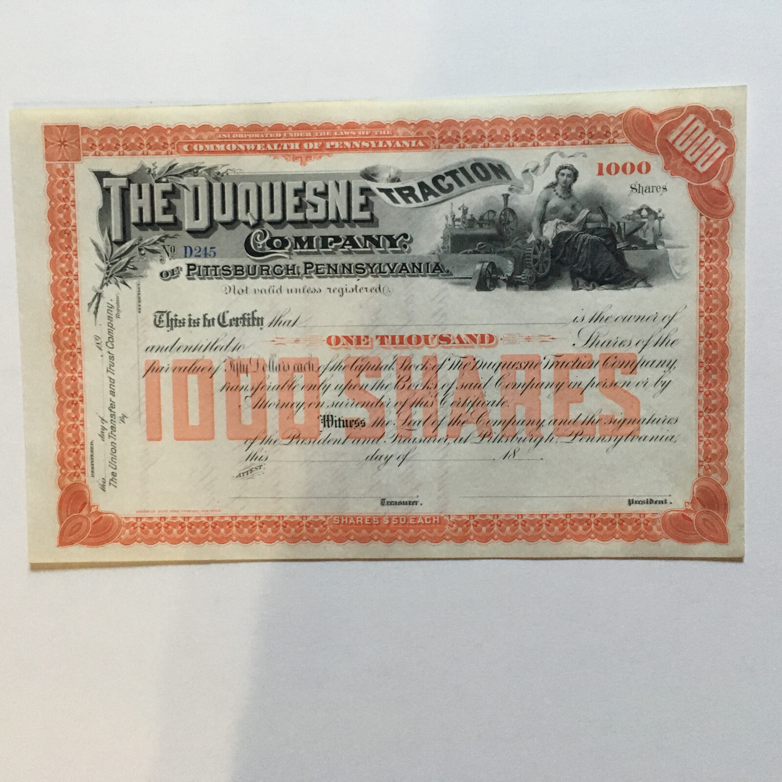 DUQUESNE PITTSBURGH RAILROAD RAILWAY 18xx STOCK CERTIFICATE