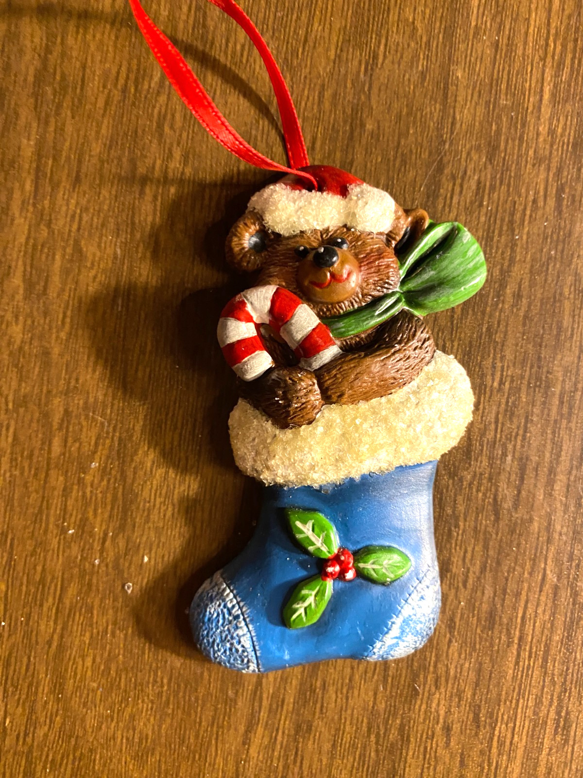 Bear in Stocking Chalk Ware Christmas Ornament 3"