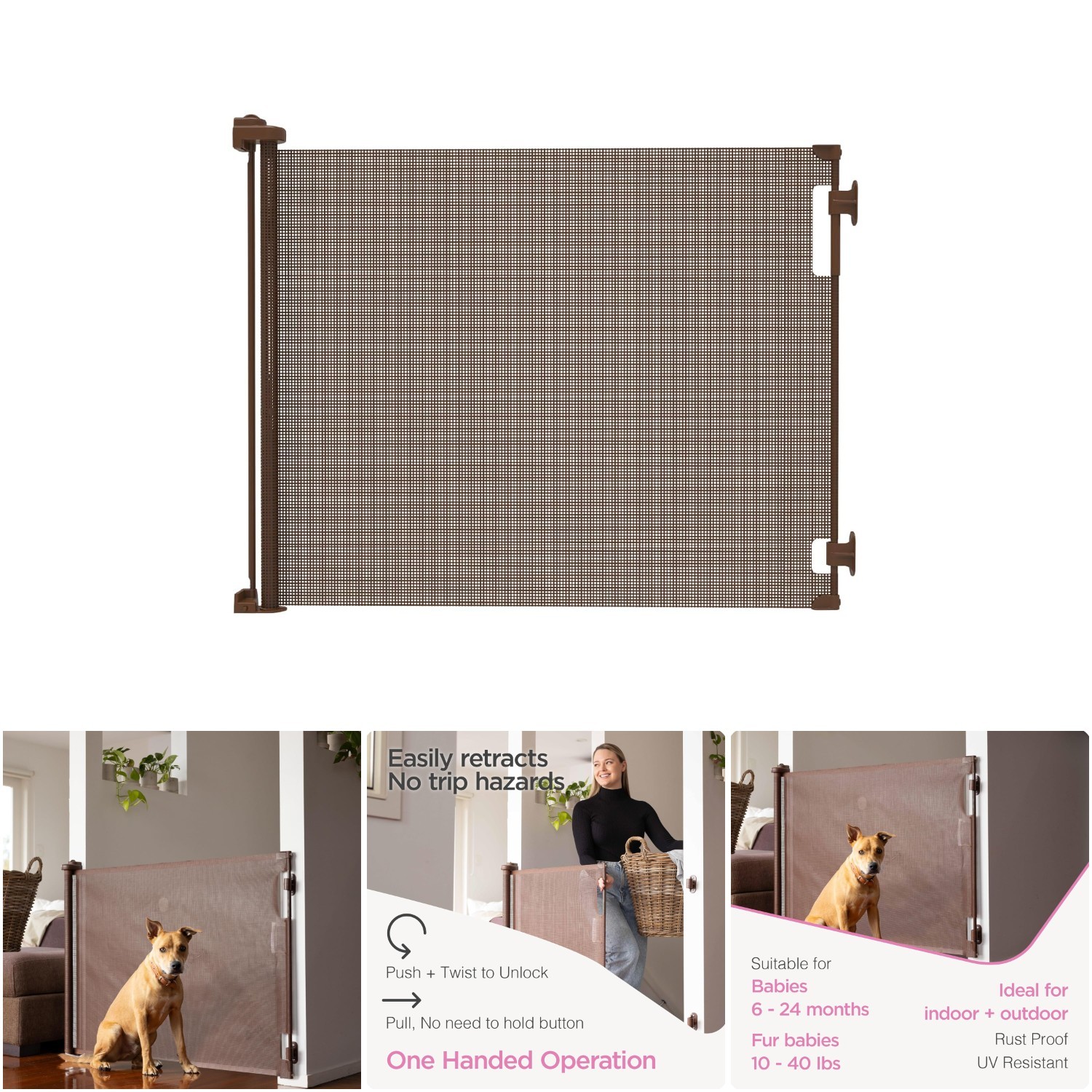 33' Tall Retractable Mesh Baby Gate Brown Stairs Doorway Pets Indoor Outdoor