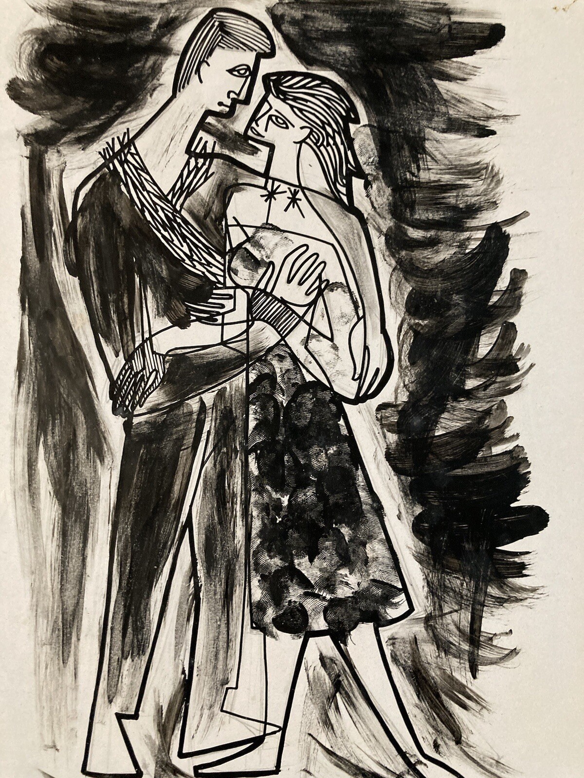 Très Beau Dessin Encre Sur Papier Personage Erotique Homme Art Pecoul 1950