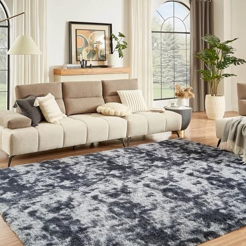  9x12 Shag Rug for Living Room, Tie-Dyed Dark Grey, Soft Area Rugs for 