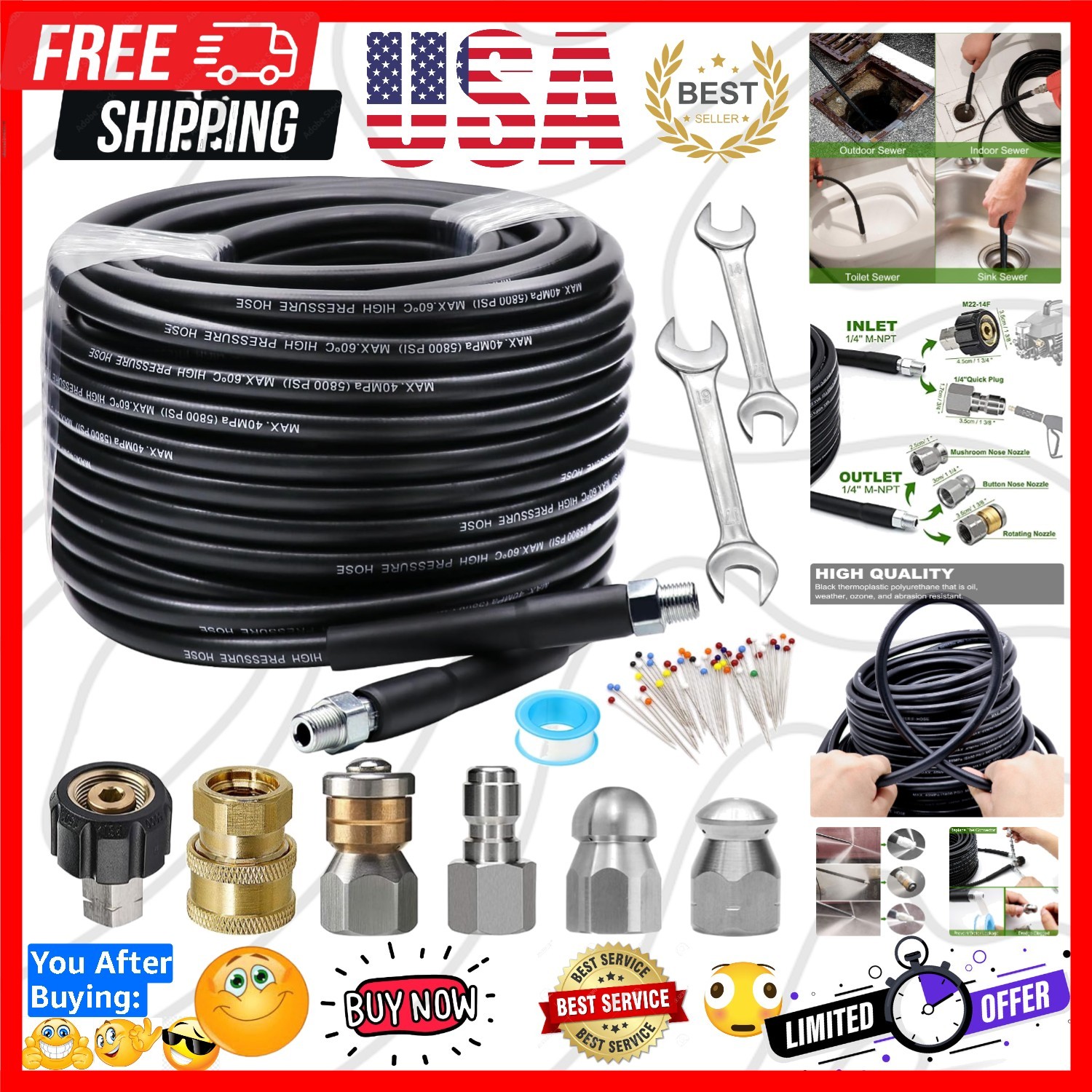 Sewer Jetter Kit 100FT for Pressure Washer, 5800PSI Drain Cleaner Hose 1/4 In...