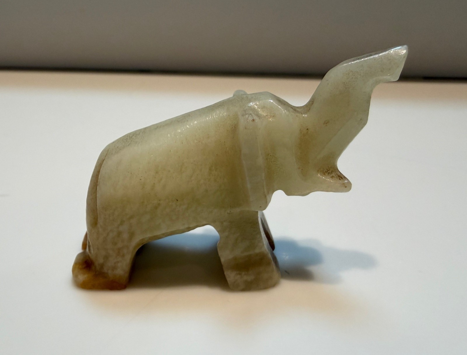 Vintage Hand Carved Stone White Onyx Marble Elephant Figurine Trunk Up 2.5"