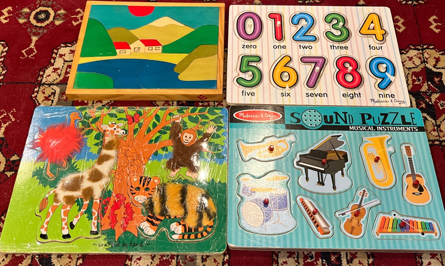Lot 3 Wooden Melissa & Doug Puzzles Music Instruments Numbers Fuzzy Animals!