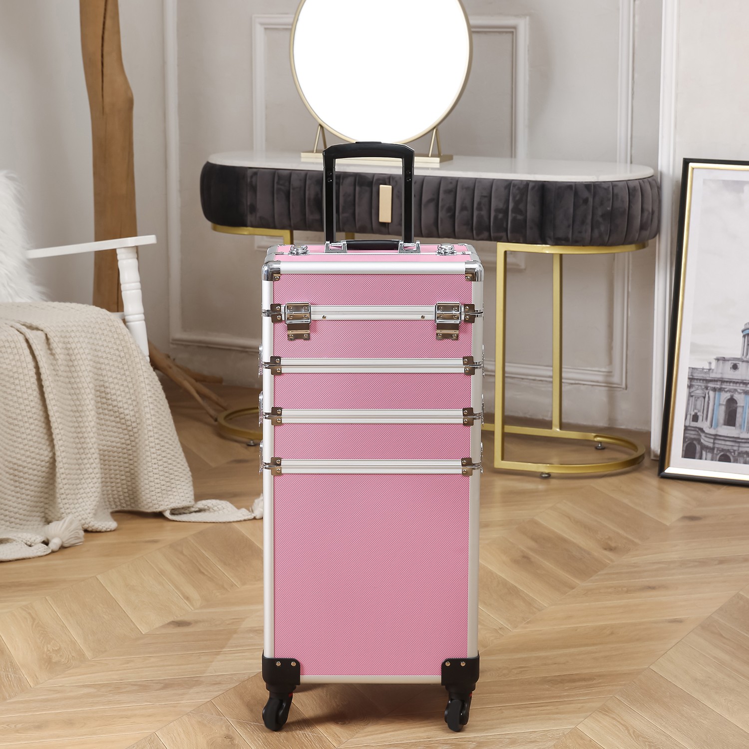 Professional Cosmetic Makeup Case 4 IN 1 Rolling Makeup Trolley on Wheels,Pink