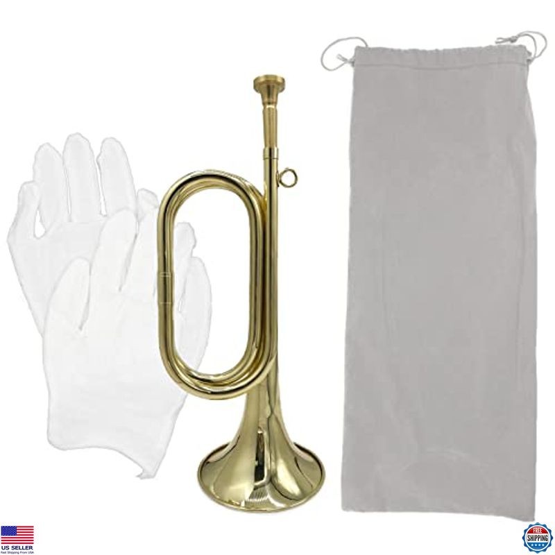 Gold Plated Brass Trumpet Bugle Horn with Bag & Gloves for Military Orchestra